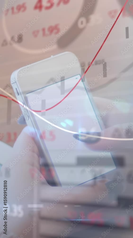Poster animation of financial data processing over man using smartphone with blank screen