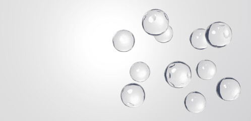 白背景に透明の美しい球体の液体。複数。コピースペース。3D（横長）