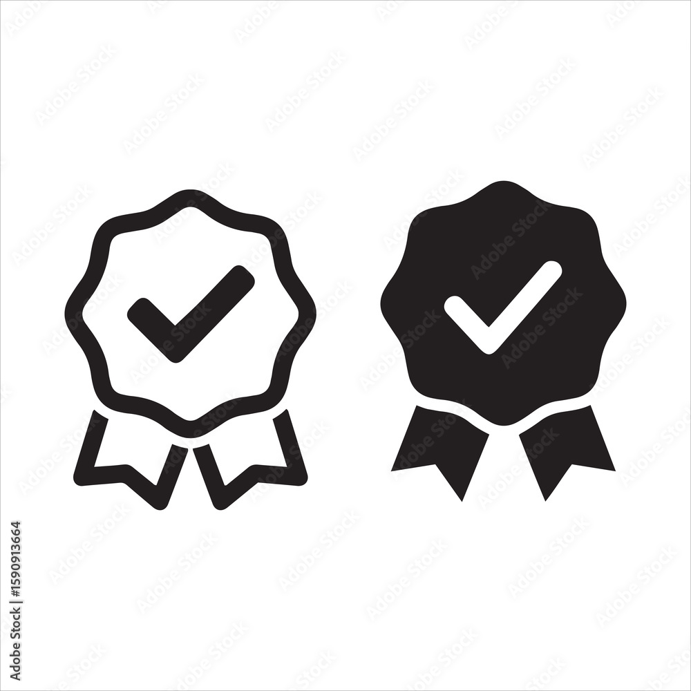 Poster two stylized rosettes with checkmarks indicating approval and quality assurance
