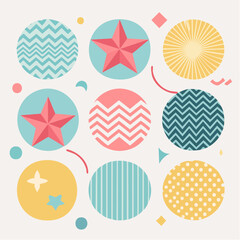 Playful collection of colorful polka dot circles with stars and patterns, perfect for children's designs, backgrounds, party decorations, or playful branding for fun projects.
