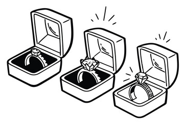Three elegant diamond engagement rings displayed open in boxes for romantic wedding proposals