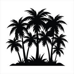 Fototapeta premium Black silhouette of a cluster of palm trees with fronds and grass white tropical