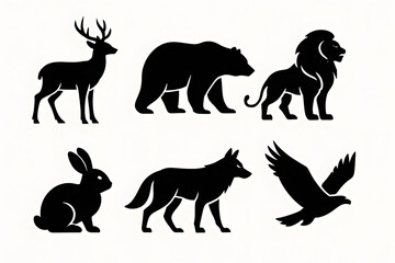Obraz premium Silhouette animals in illustration form: A series of black silhouettes of various animals are set against a neutral backdrop. This striking image showcases the distinct shapes of wildlife species. 