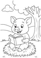 Coloring book page of pig reading a book on the grass.