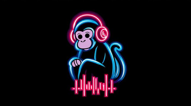neon monkey wearing headphones is sitting on a black background