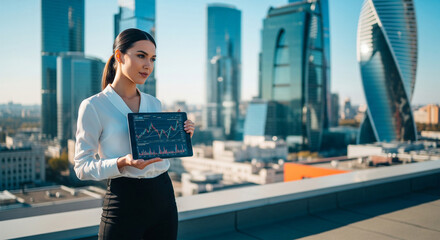 Businesswoman Analyzing Stock Market Data on a Tablet with a Cityscape Background