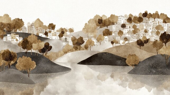 A serene village nestled amongst rolling hills, reflected in a tranquil lake.