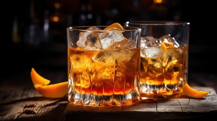 Two whiskey cocktails with orange peel on a wooden surface.