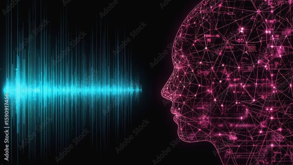 Poster abstract futuristic visualization of ai-driven voice recognition with glowing face profile and digit