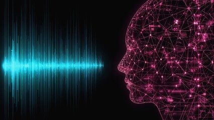 Fototapeta premium Abstract futuristic visualization of AI-driven voice recognition with glowing face profile and digital waveforms, representing artificial intelligence, neural networks and sound technology interface