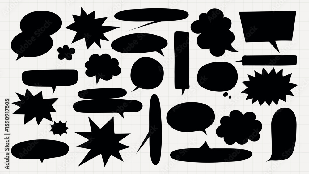 Poster a collection of various black speech bubbles and thought clouds in different shapes and sizes on a g