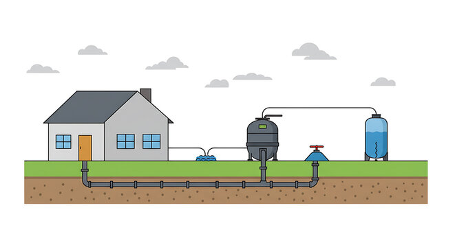 Septic System Diagram Flat Art Isolated on White Background