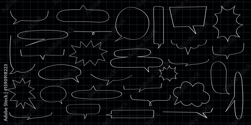 Poster collection of speech bubbles in various shapes on a grid background. speech bubbles for comics, desi