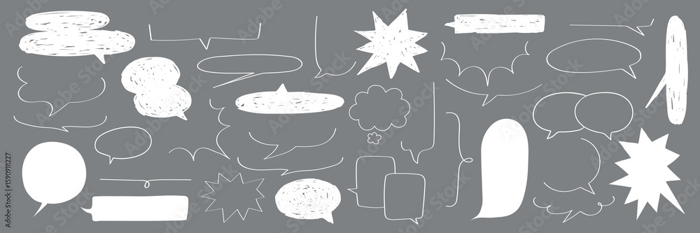 Poster a collection of hand-drawn speech bubbles in various shapes and sizes on a gray background. speech b