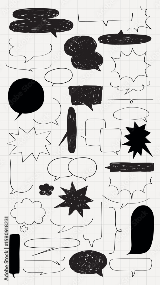 Poster collection of black and white speech bubbles in various shapes and sizes on a grid background. speec