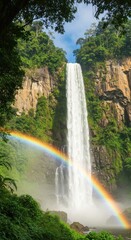 Fototapeta premium Tall Waterfall Surrounded by Green Forest and Rainbow in Bright Natural Light