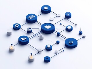 Fototapeta premium Minimalist flowchart with abstract icons in blue and white flat design showing a simplified business process infographic suitable for corporate presentations, data visualization and strategic planning