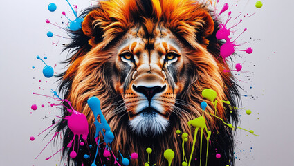 Colorful lion art painting animal portrait feline wildcat predator big cat illustration design artwork