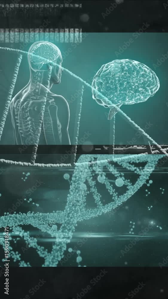 Poster animation of dna structure over screens with medical data processing against blue background