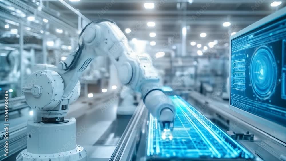 Poster robotic arm factory automation line.