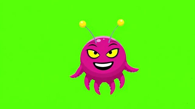 A cartoon pink alien monster with tentacles and big eyes is isolated on a green background