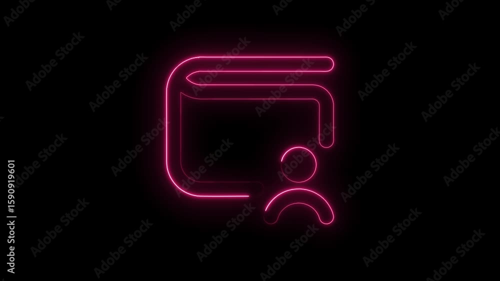 Poster glowing neon pink user icon with abstract rounded frame shape on transparent black background futuri