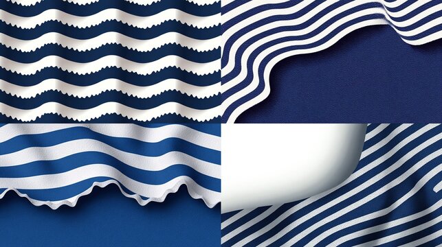 Four fabric swatches in navy and white stripes and waves, draped and textured, showcasing different patterns and folds against a solid navy background - Powered by Adobe