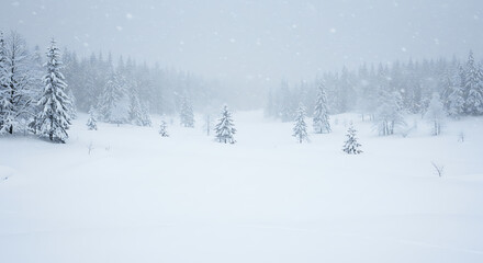 Fototapeta premium Peaceful Snow-Covered Winter Landscape During Gentle Snowfall
