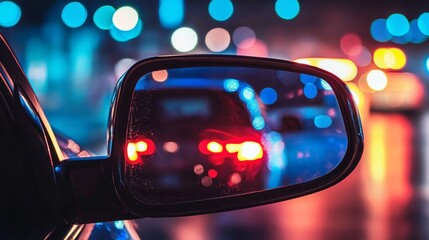 A striking image of law enforcement lights captured in a side mirror at night.