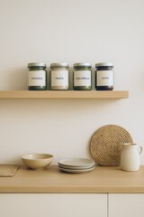 jars of matcha, maca, chlorella and acai powders on a minimalist kitchen shelf — modern superfood storage in natural light with neutral ceramic bowls and woven decor for healthy lifestyle setting