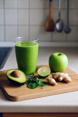 nutrient-rich green smoothie with fresh avocado, lime, spinach, ginger and apple on a wooden board — perfect superfood breakfast in a bright kitchen with soft natural lighting