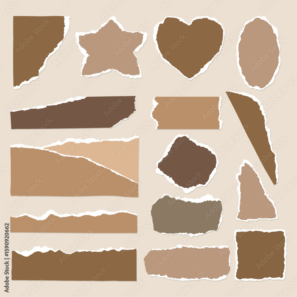 Aufkleber collection of torn paper shapes in brown tones. includes star, heart, and various rectangles. torn p