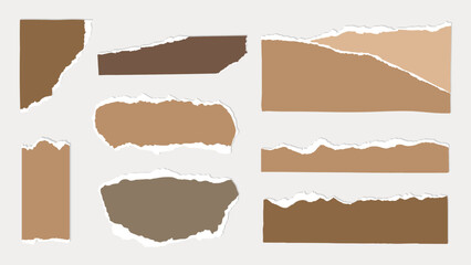 Fototapeta premium Collection of torn paper pieces in various shades of brown. Torn paper textures create a rustic look. Ideal for scrapbooking or collage projects. Brown element vector set.