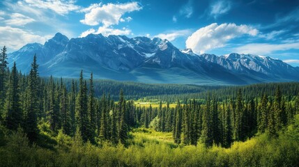 Majestic snow-capped mountains with serene evergreen forest and cloudy skies