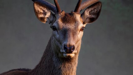A close-up of a beautiful deer showing intricate details of its face and antlers. The soft light of golden hour enhances its serene expression in the wild