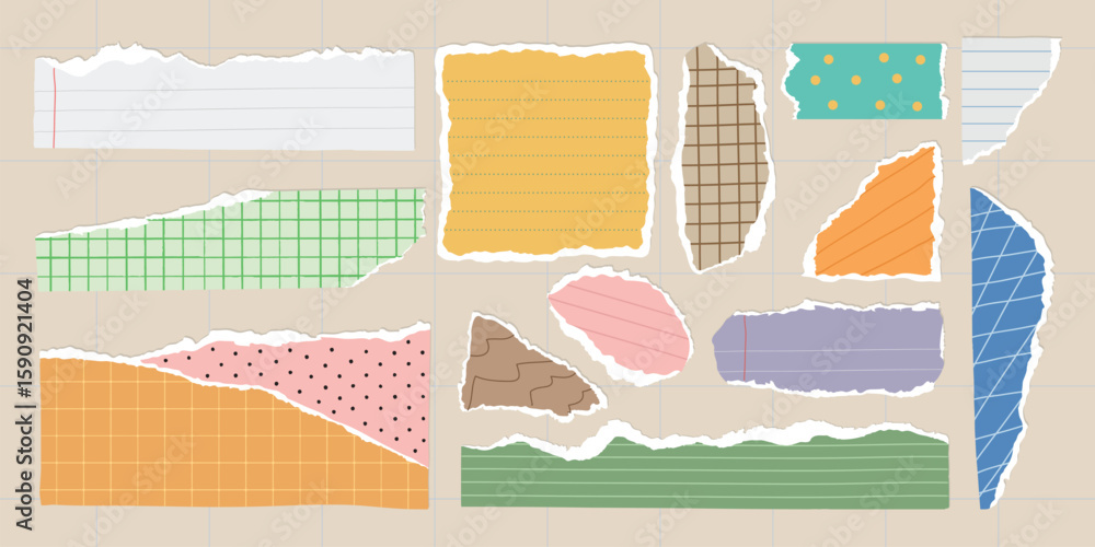 Poster colorful torn paper pieces with various patterns like stripes, dots, and grids. torn paper in bright