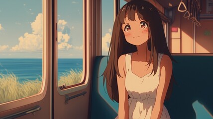 電車で座っているアニメ調の美少女