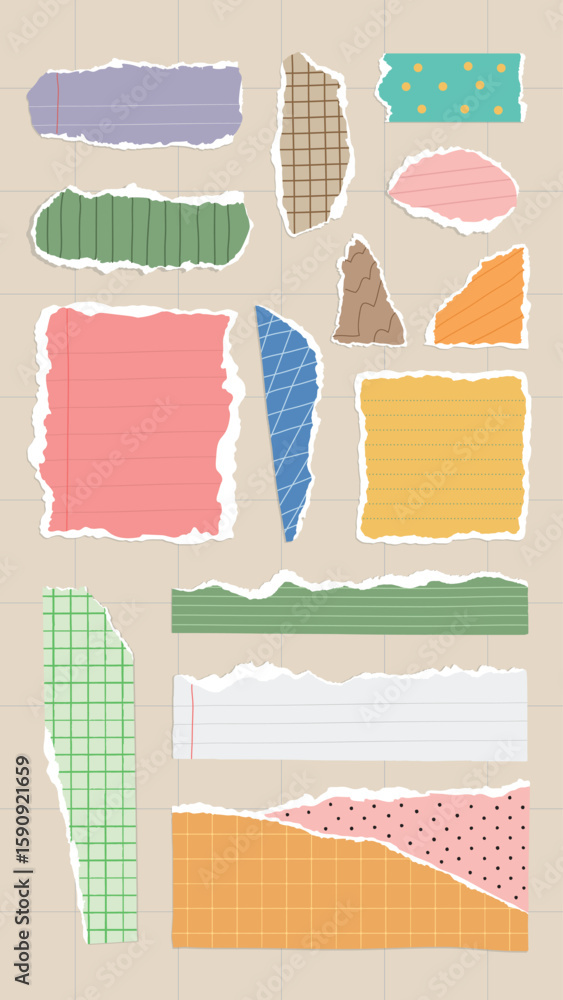 Poster collection of colorful torn paper scraps in various shapes and patterns. includes grid, lined, and p