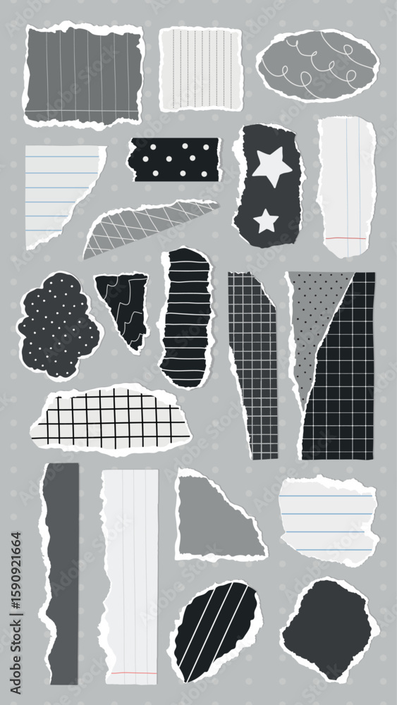 Poster collection of torn paper pieces with various patterns: stripes, dots, grids. torn paper edges create