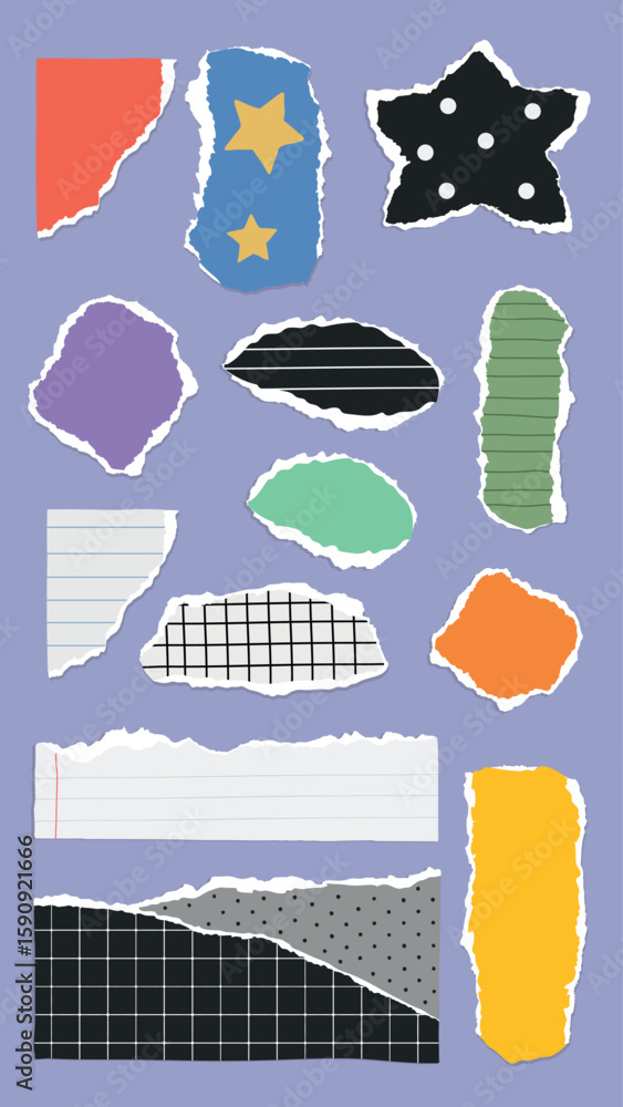 Aufkleber colorful torn paper pieces with various patterns like stars, polka dots, and grids. torn paper in di