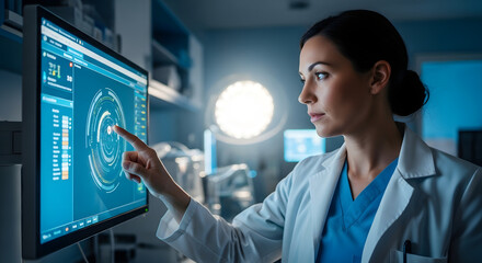 Female Doctor Interacting with Futuristic Medical Interface.