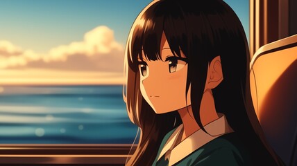 電車で座っているアニメ調の美少女