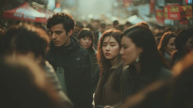 A vibrant, bustling market street in Seoul, filled with young people navigating the crowd, exuding a sense of energy and connection amidst the urban chaos