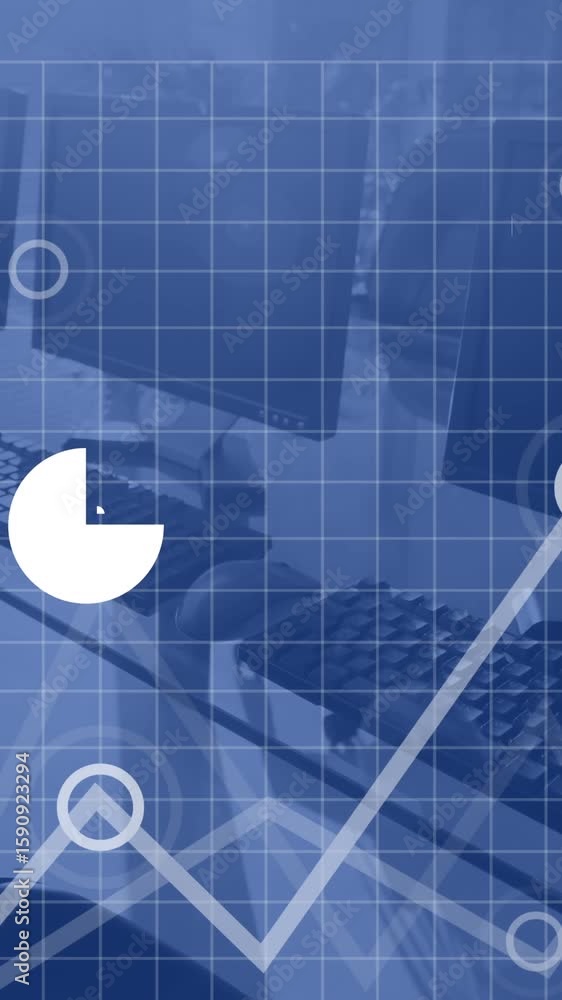 Poster animation of icons, graphs, map and computer language over unoccupied chairs, desktops in office
