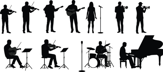 Silhouette of diverse musicians playing instruments on stage, , concert performance, music ensemble, live band