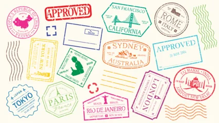 Fototapete Collection of travel-themed stamps and labels. Travel stamps, travel labels, and travel tickets with various designs. Perfect for travel-themed projects. Black travel stamps, vector set. © Rawpixel.com