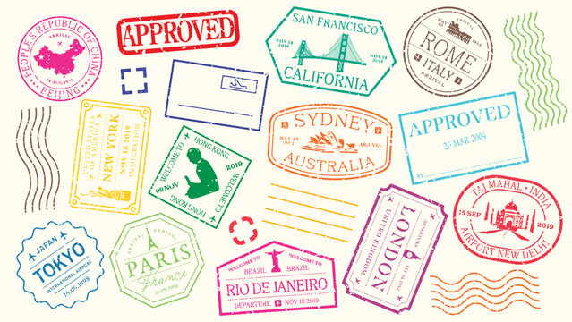 Collection of travel-themed stamps and labels. Travel stamps, travel labels, and travel tickets with various designs. Perfect for travel-themed projects. Black travel stamps, vector set.
