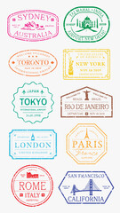 Obraz premium Collection of travel-themed stamps and labels. Travel stamps, travel labels, and travel tickets with various designs. Perfect for travel-themed projects. Black travel stamps, vector set.