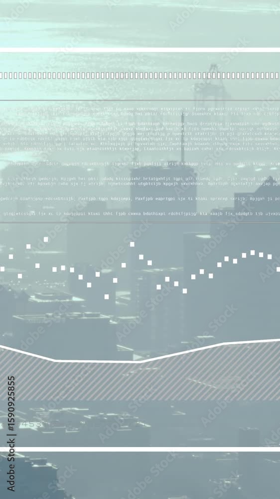 Poster animation of interface with data processing against aerial view of cityscape