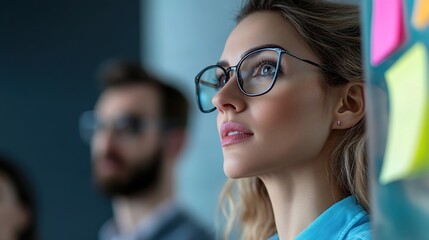 Thoughtful woman with glasses engaged in creative brainstorming session